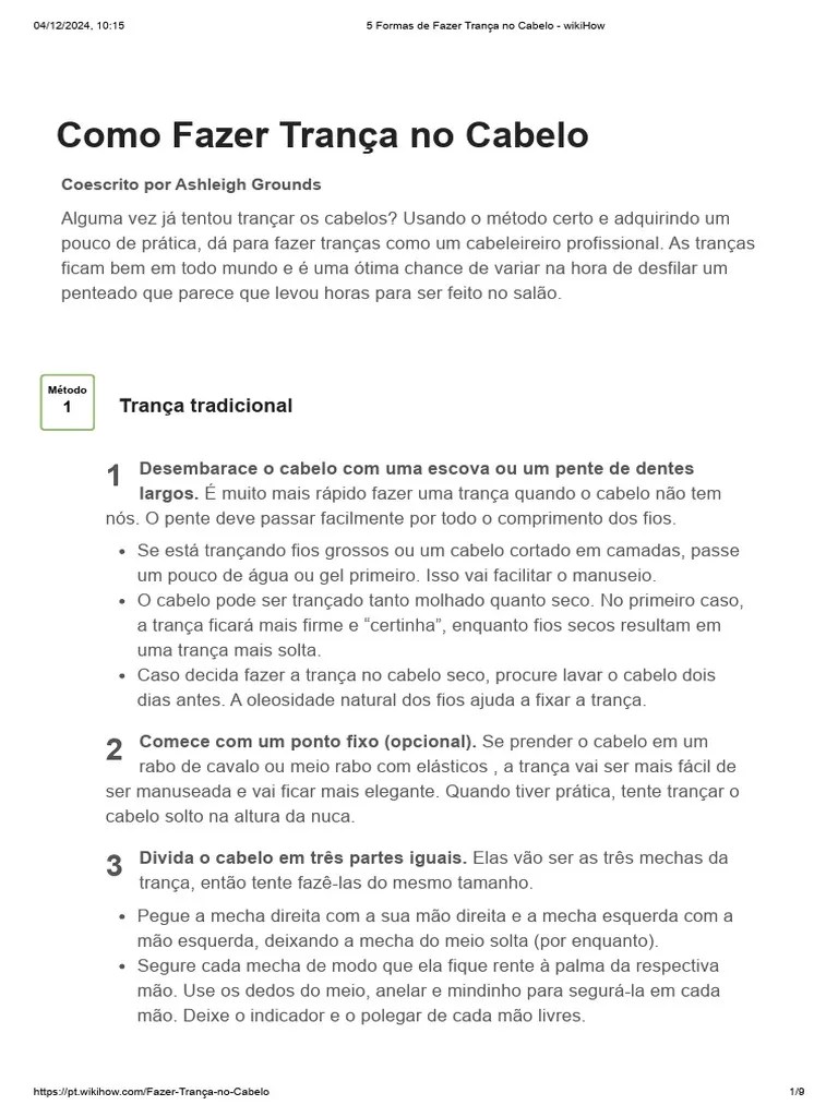 5 Formas De Fazer Trança No Cabelo - Wikihow | PDF | Cabelo | Mão