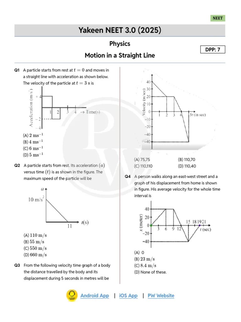 Motion In A Straight Line DPP 07 (Of Lec-12) Yakeen NEET | PDF ...