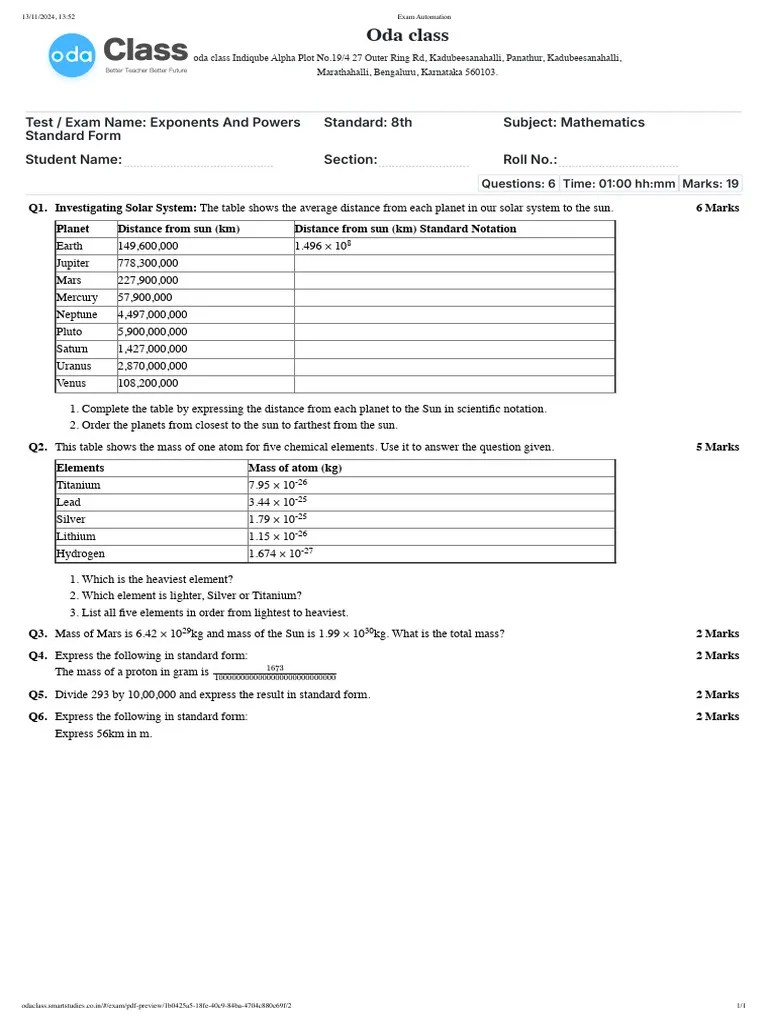 Exponents And Powers - Standard Form | PDF | Planets | Solar System