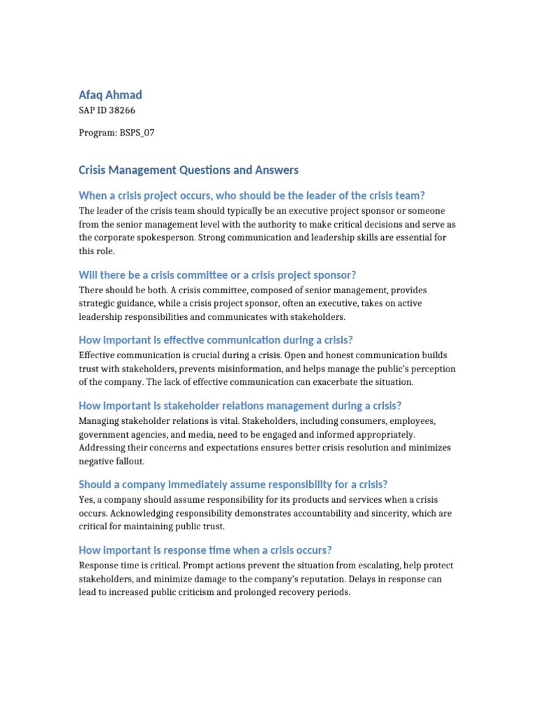 Crisis Management Questions Afaq Ahmad | PDF | Crisis Management ...