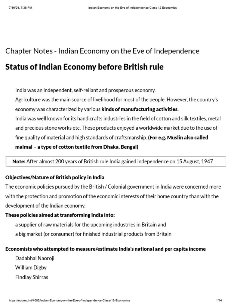 Indian Economy On The Eve Of Independence Class 12 Economics | PDF ...