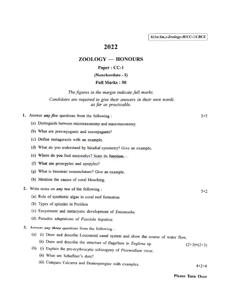 CU-2022_B.Sc._(Honours)_Zoology_Semester-1_Paper-CC-1_QP | PDF | Sponge ...