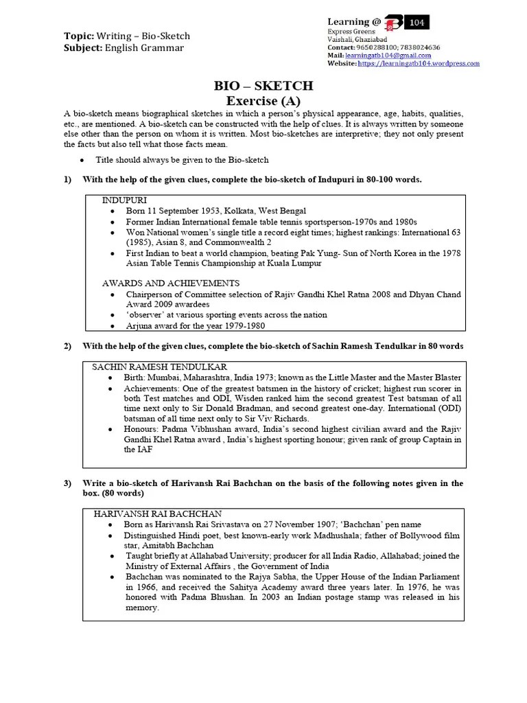Bio Sketch Writing Exercise A | PDF | Cricket