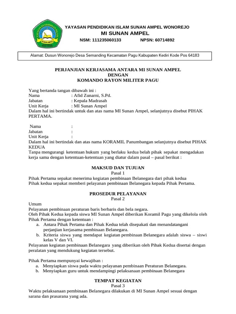 Contoh Mou Sekolah Dengan Koramil | PDF