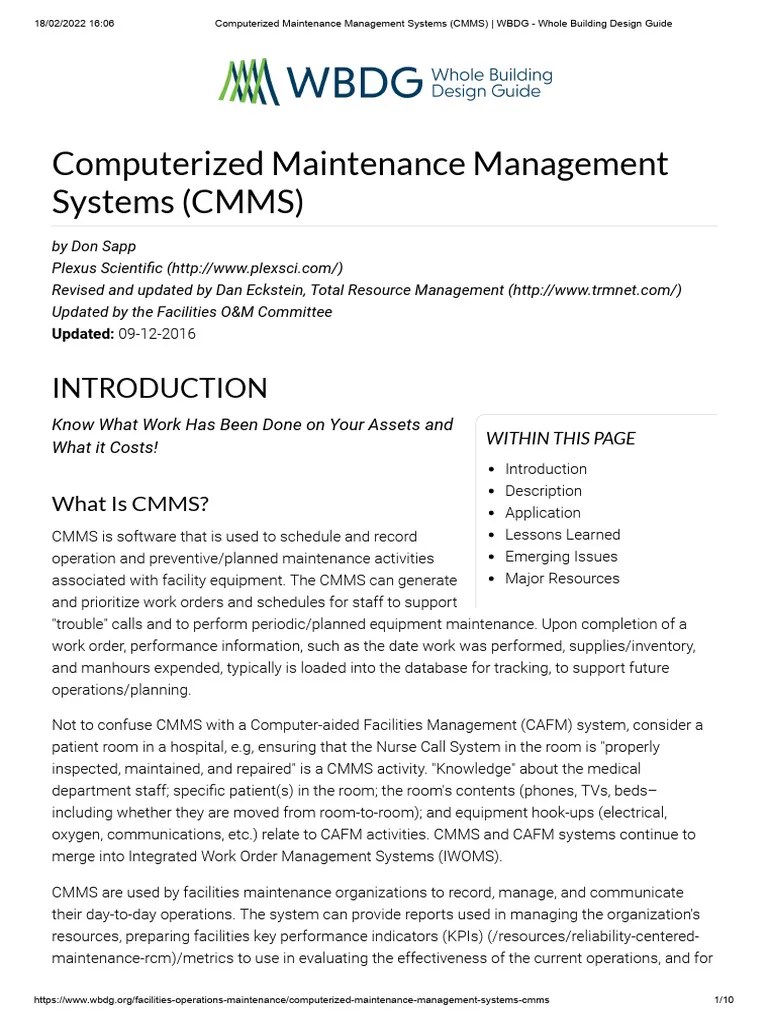 Computerized Maintenance Management Systems (CMMS) _ WBDG - Whole ...