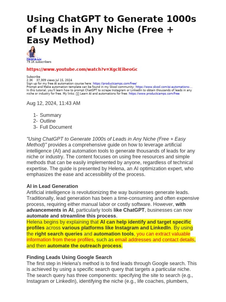 Using ChatGPT To Generate 1000s Of Leads In Any Niche | PDF ...