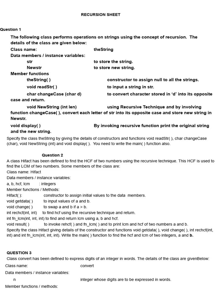 Recursion Sheet | PDF | Programming | Constructor (Object Oriented ...
