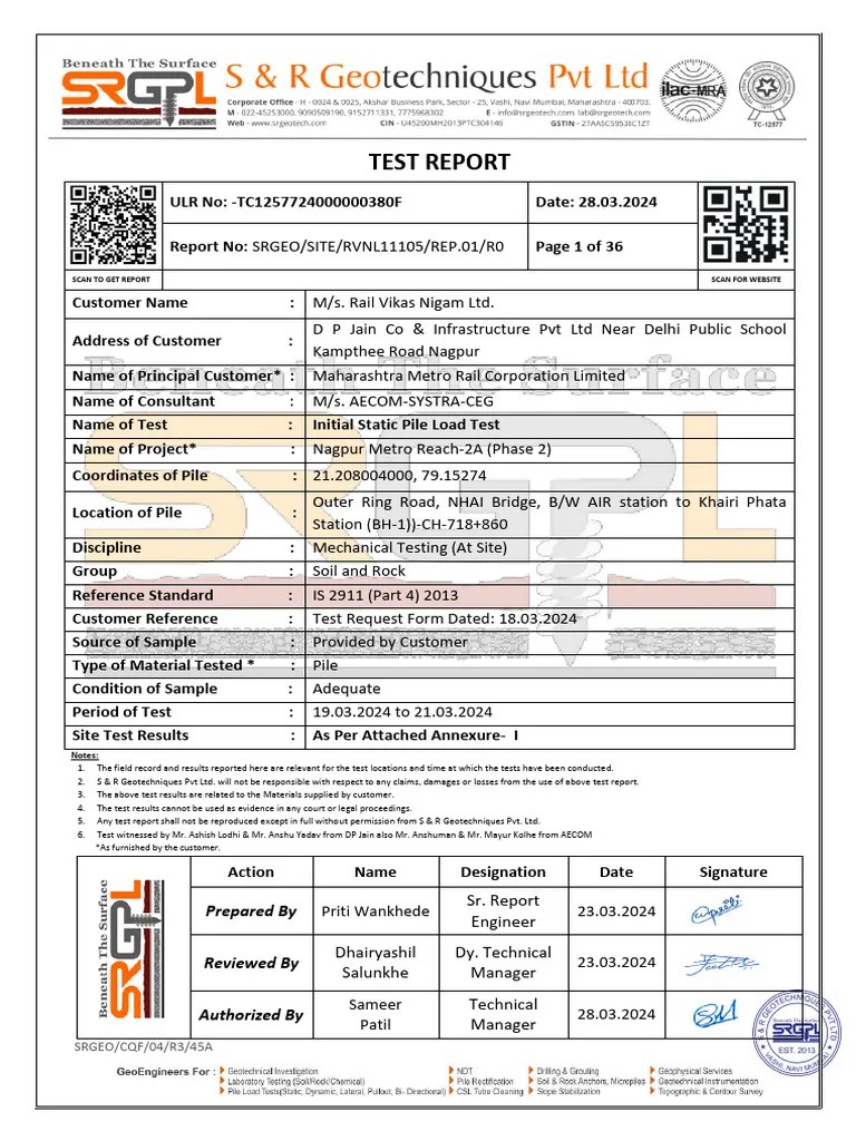 Final Report (Rep No. 01) Of Initial Vertical Pile Load Test - Nagpur Metro | PDF | Deep ...