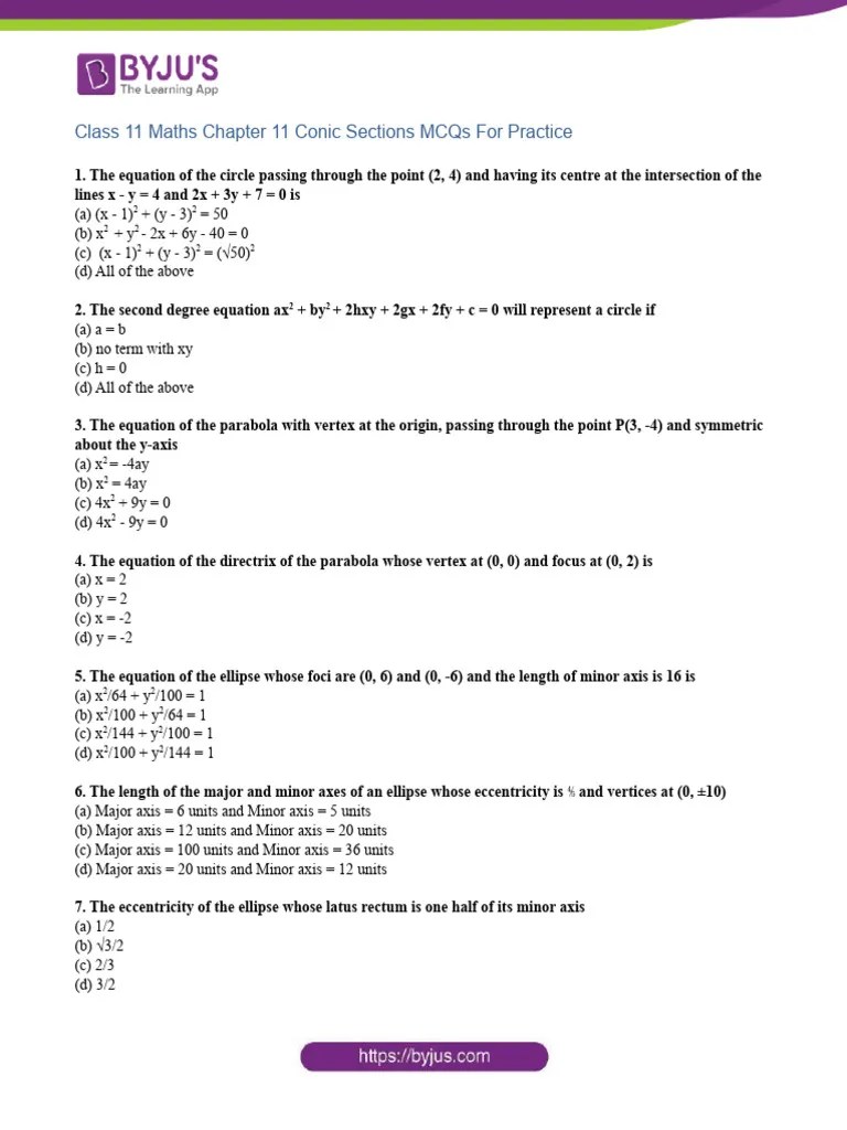 Class 11 Maths Chapter 11 Conic Sections MCQs | PDF