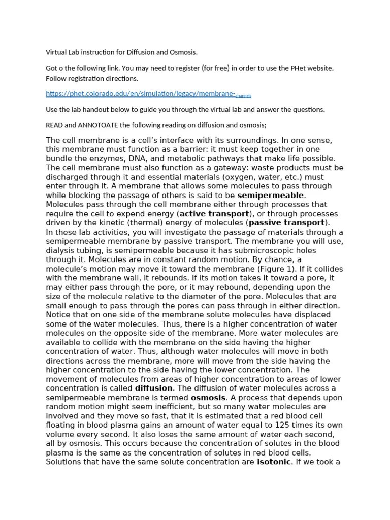 Virtual Lab Instruction For Diffusion And Osmosis | PDF | Osmosis | Physical Sciences