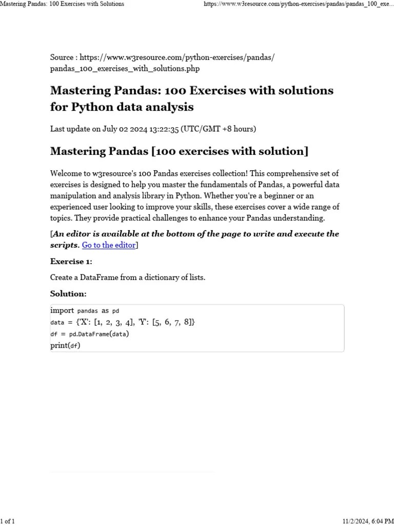 Mastering Pandas - 100 Exercises With Solutions | PDF