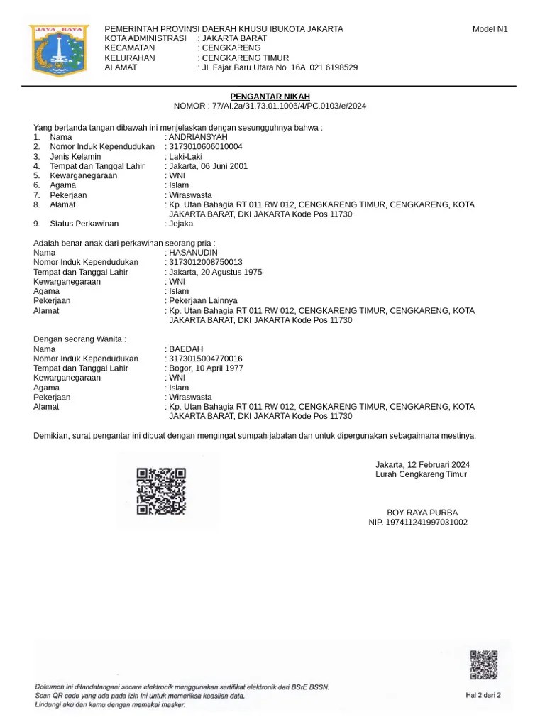 Surat Pengantar Nikah Model N1 | PDF