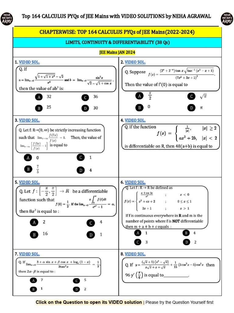 Top 164 Calculus Pyqs Of Jee Mains (2022-2024) Chapterwise | PDF ...