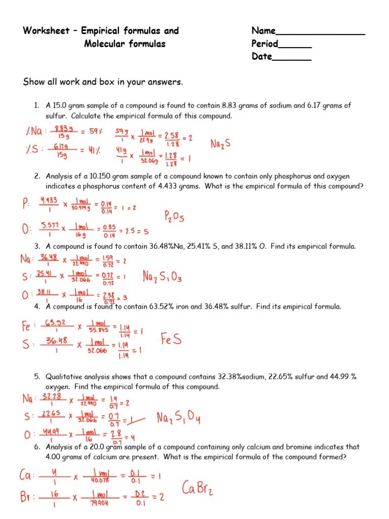 Worksheet - Empirical Formulas And Molecular Formulas | PDF | Mole ...