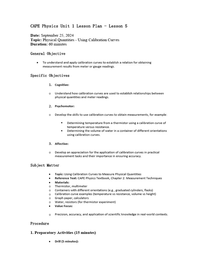 CAPE Physics Unit 1 Lesson Plan - Lesson 5 | PDF | Calibration ...