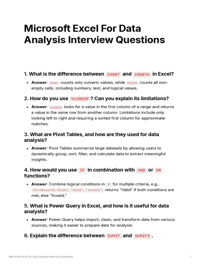 Microsoft Excel For Data Analysis Interview Questions 1727038060 | PDF | Information Technology ...