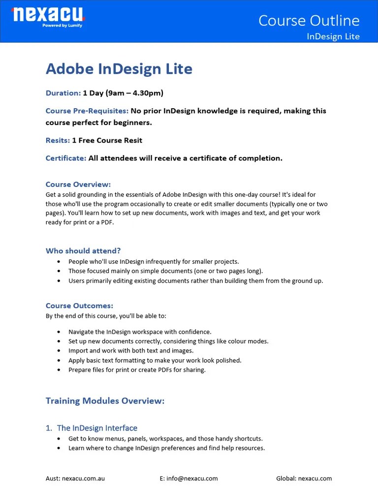 Indesign Lite Course Outline | PDF | Adobe In Design | Software