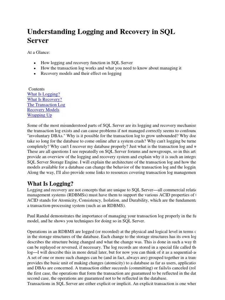 Understanding Logging And Recovery In SQL Server | PDF | Database ...