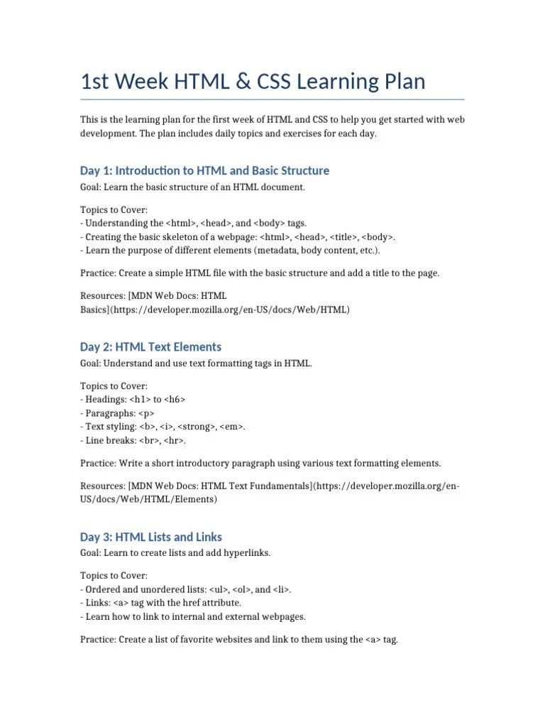 1st_week_html_css_learning_plan | PDF | Html Element | Html
