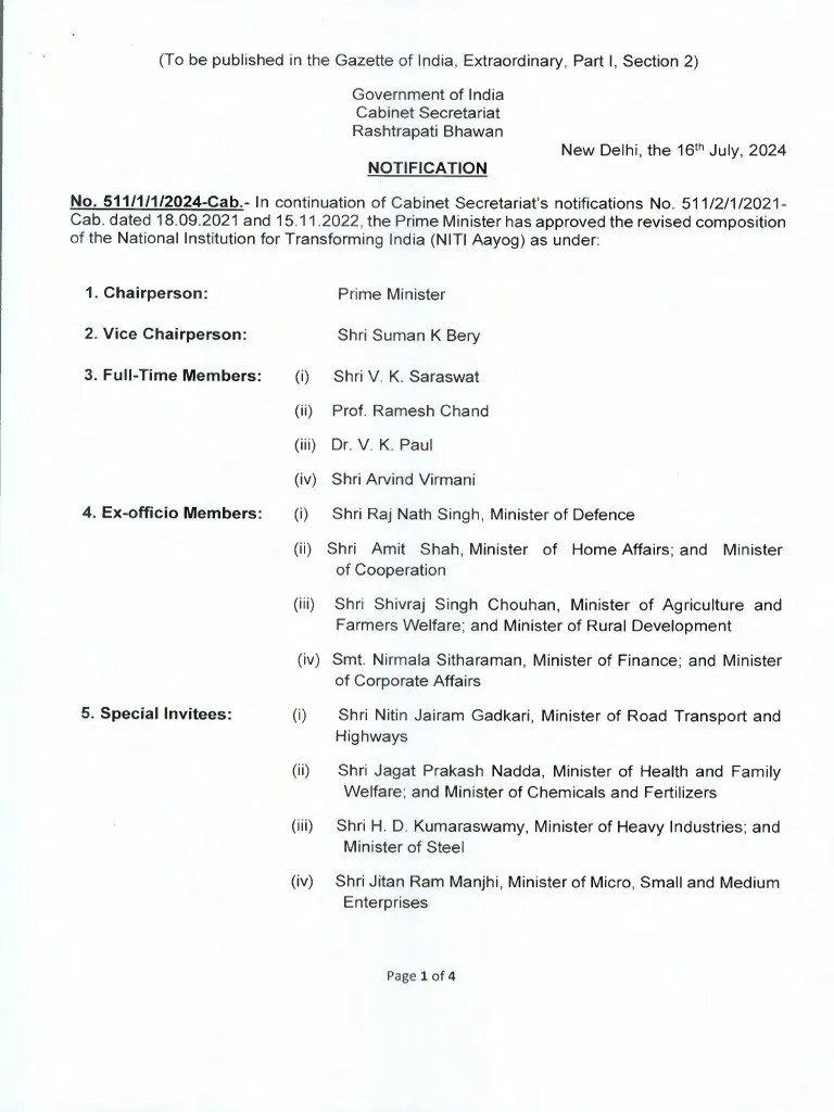 Revised Composition Of The National Institution For Transforming India (NITI Aayog) - 0 | PDF ...