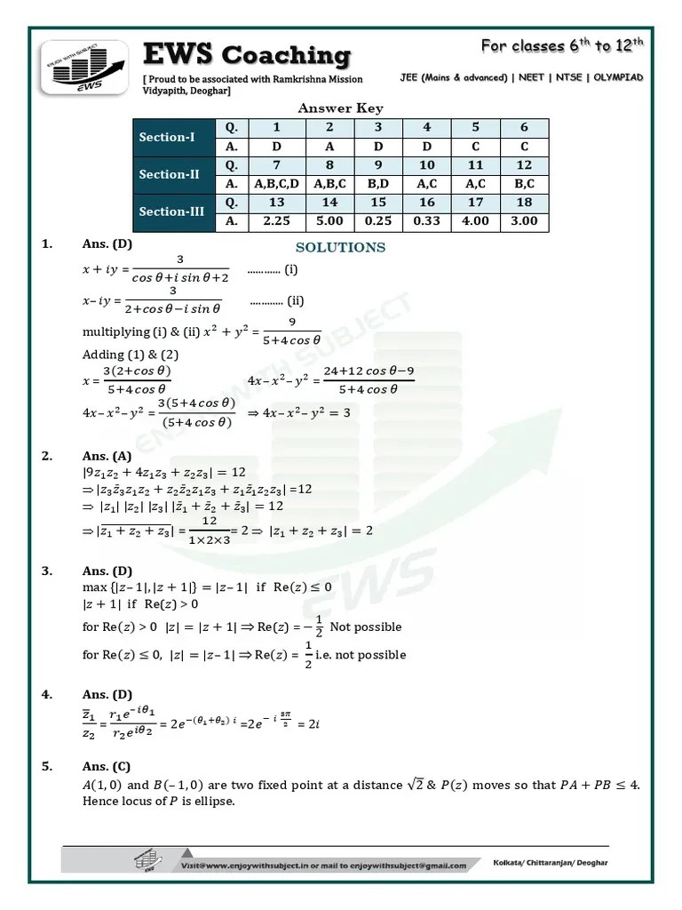 Exercise JEE SOL Advance - Complex Number | PDF | Euclidean Geometry ...
