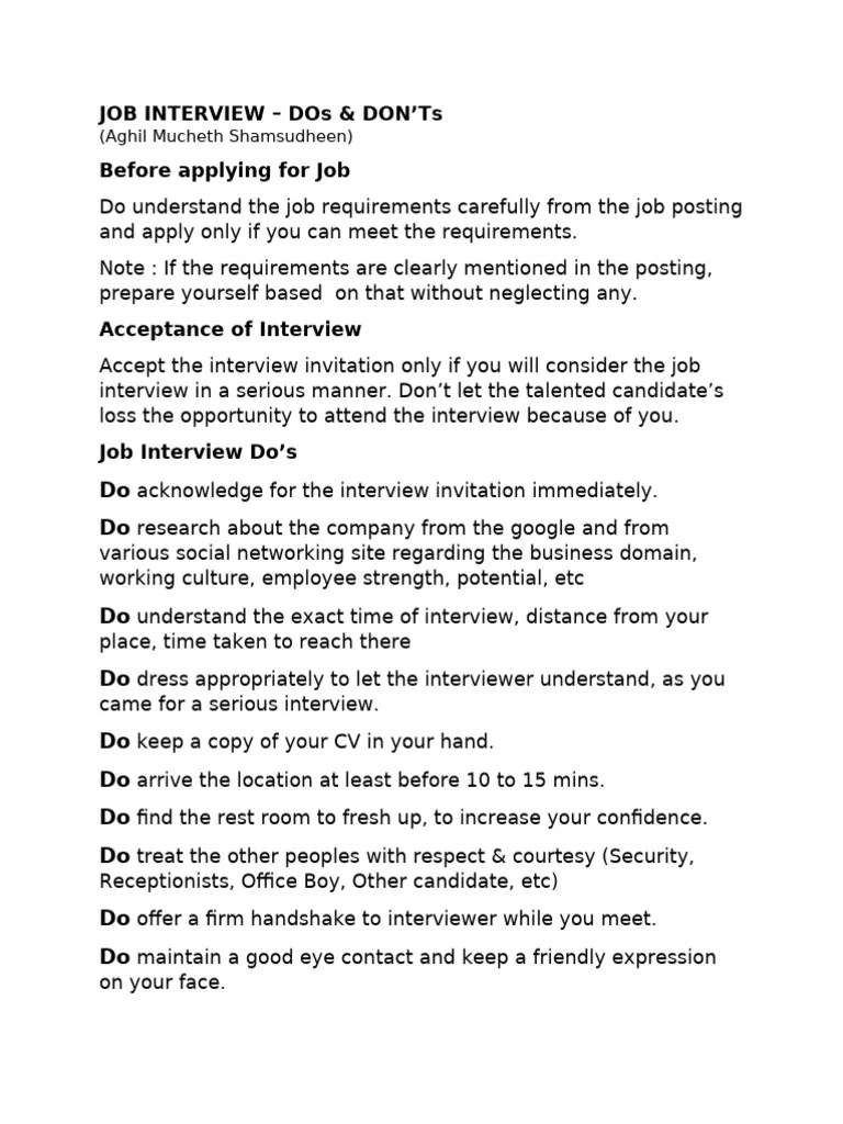 Dos & Dont Of Interview | PDF | Job Interview