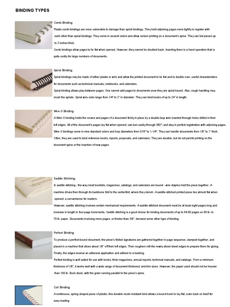 Binding Types | PDF | Bookbinding | Books