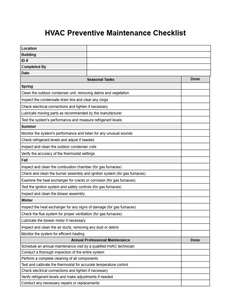 HVAC Preventive Maintenance Checklist Template | PDF