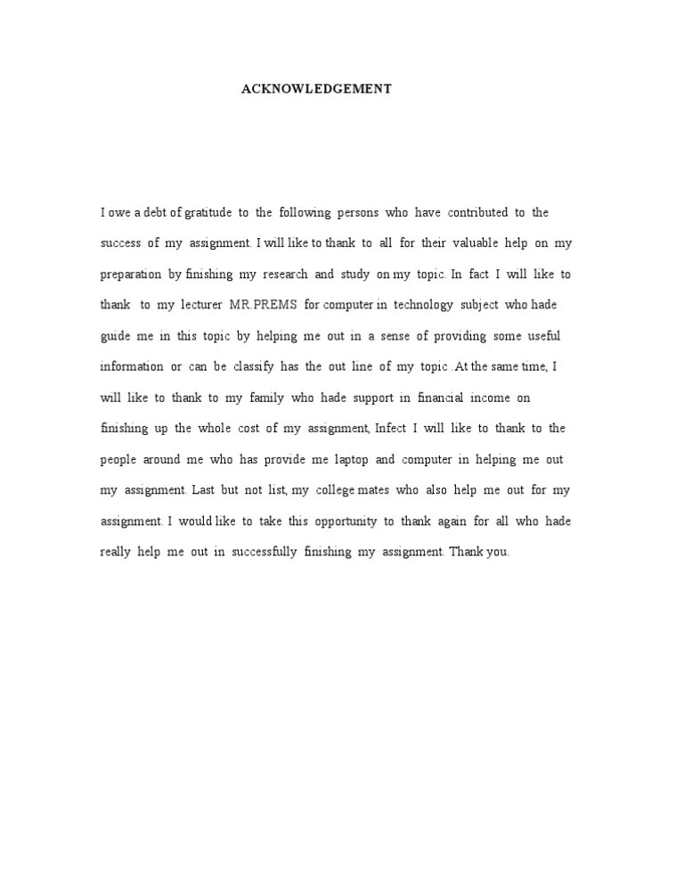 The college also issues an acknowledgement letter for project report that the student submitted. Example Acknowledgement Pdf