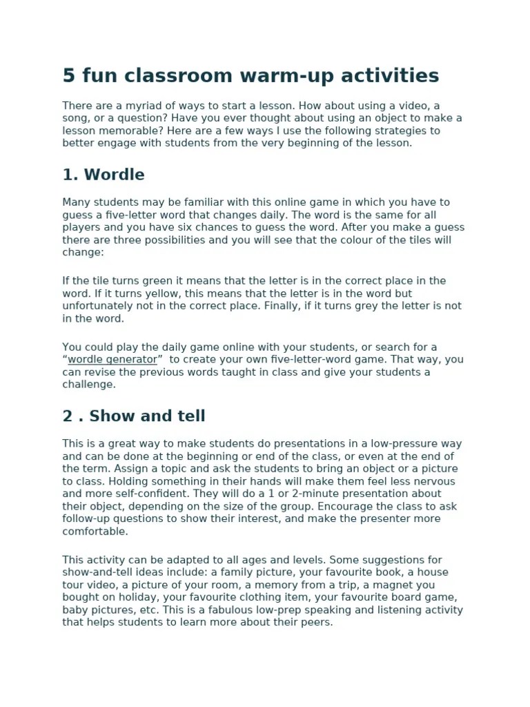 5 Fun Classroom Warm | PDF | Flashcard | Learning