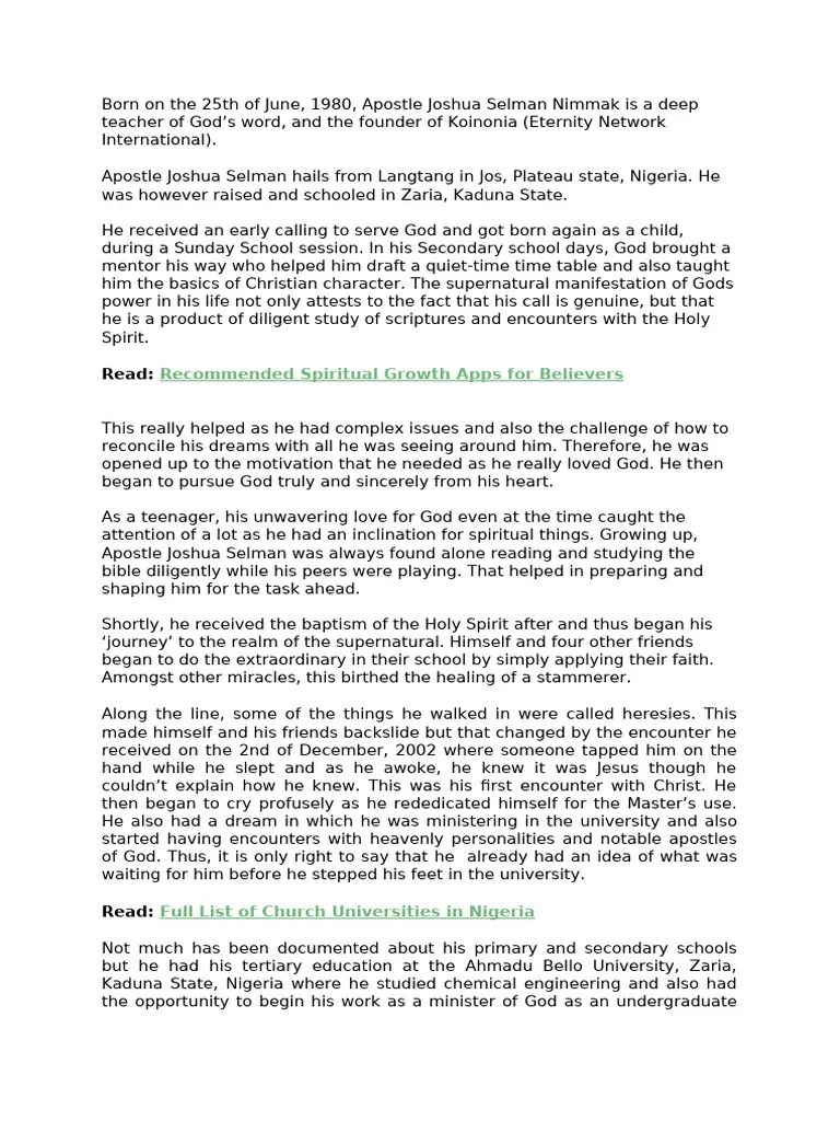 BIOGRAPHY - Apostle Joshua Selman Nimmak | PDF | Jesus | Apostle