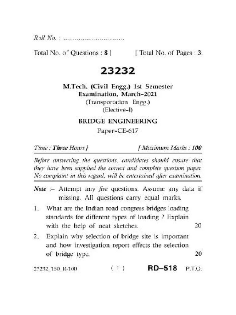 2021-M.TECH.(CIVIL-ENGG.)-1ST-SEMESTER-BRIDGE-ENGINEERING | PDF