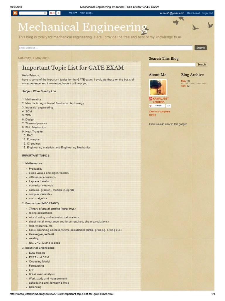 Mechanical Engineering_ Important Topic List For GATE EXAM | PDF