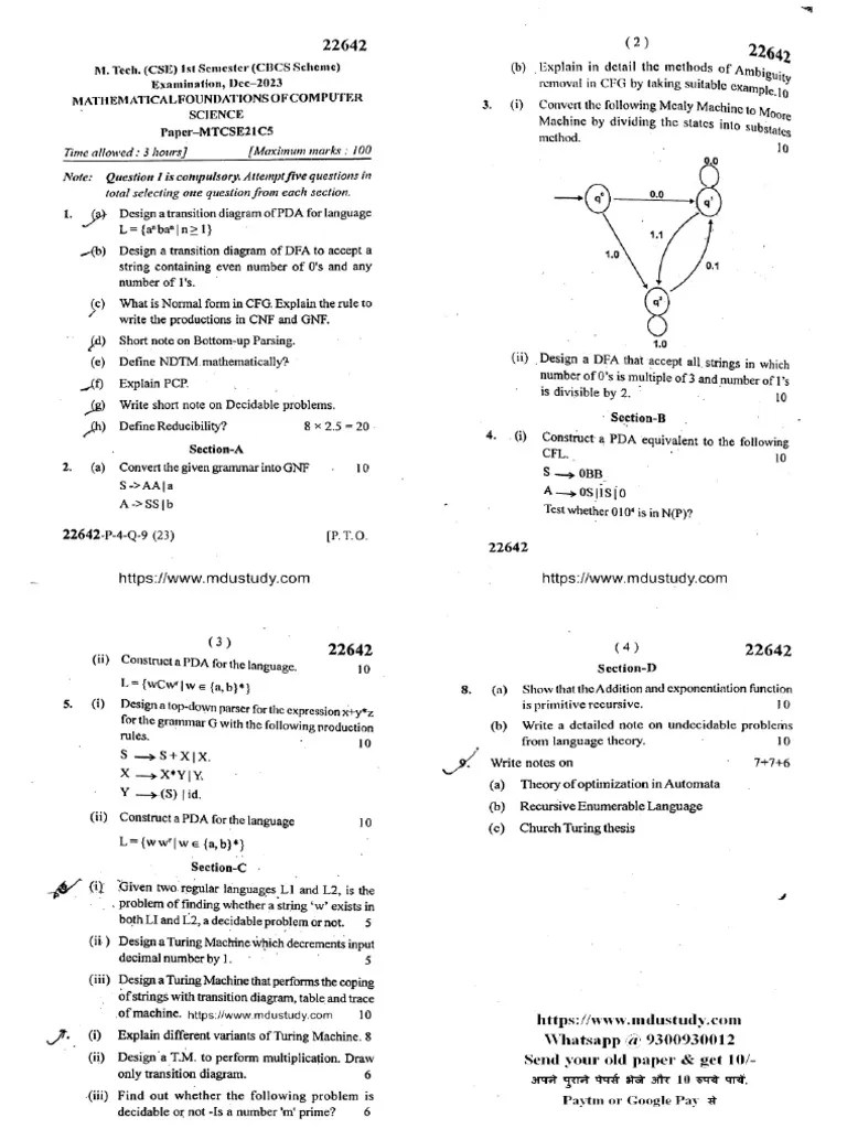 Mtech 1 Sem Cse Mathematical Foundations Of Computer Science 22642 Dec ...