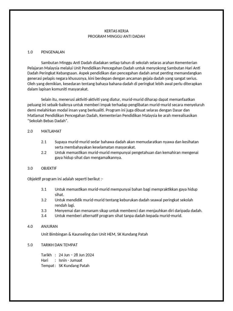 KERTAS KERJA MINGGU ANTI DADAH 2024 | PDF