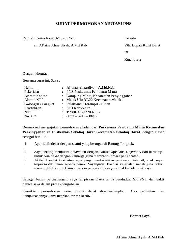 Surat Permohonan Mutasi Pns Pdf