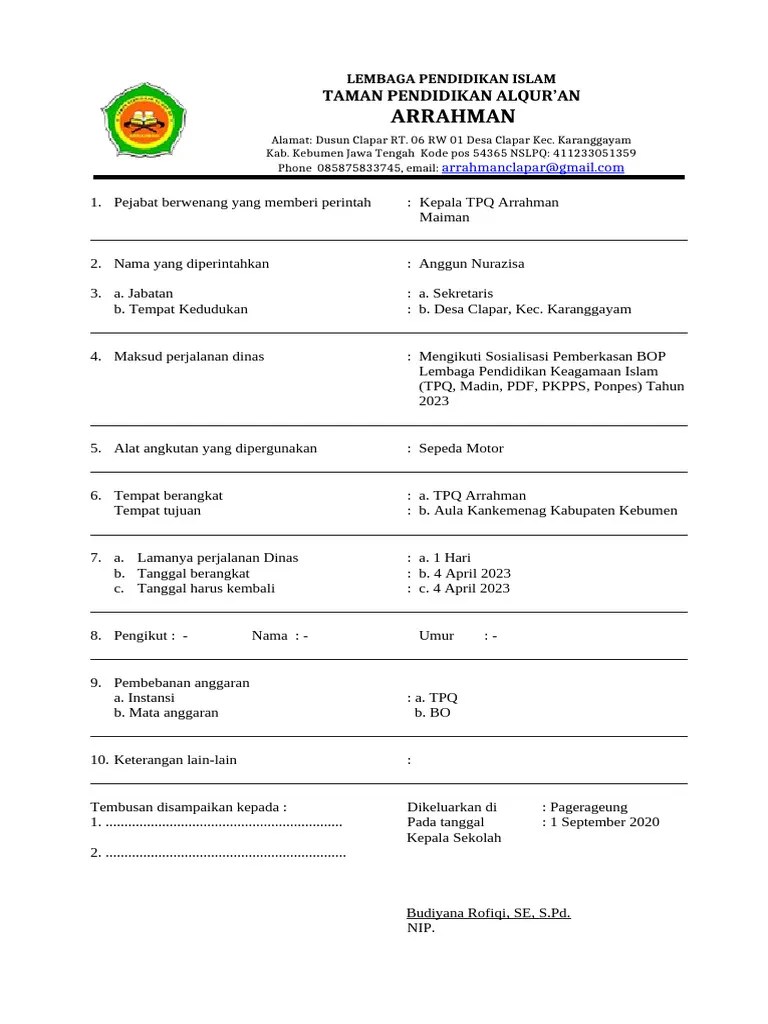 Format SPPD Sekolah Untuk Guru | PDF