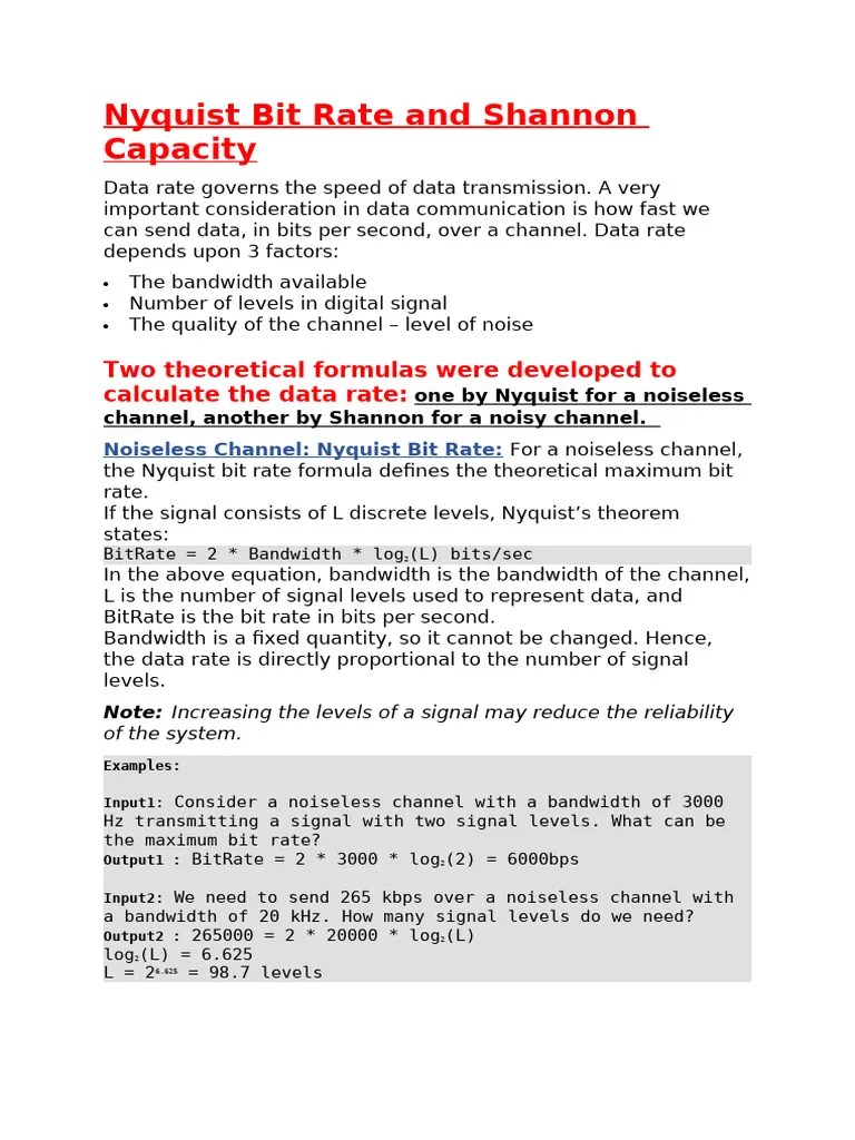 Data Rate(Nyquist Bit Rate And Shannan Capacity) | PDF | Signal To Noise Ratio | Bit Rate