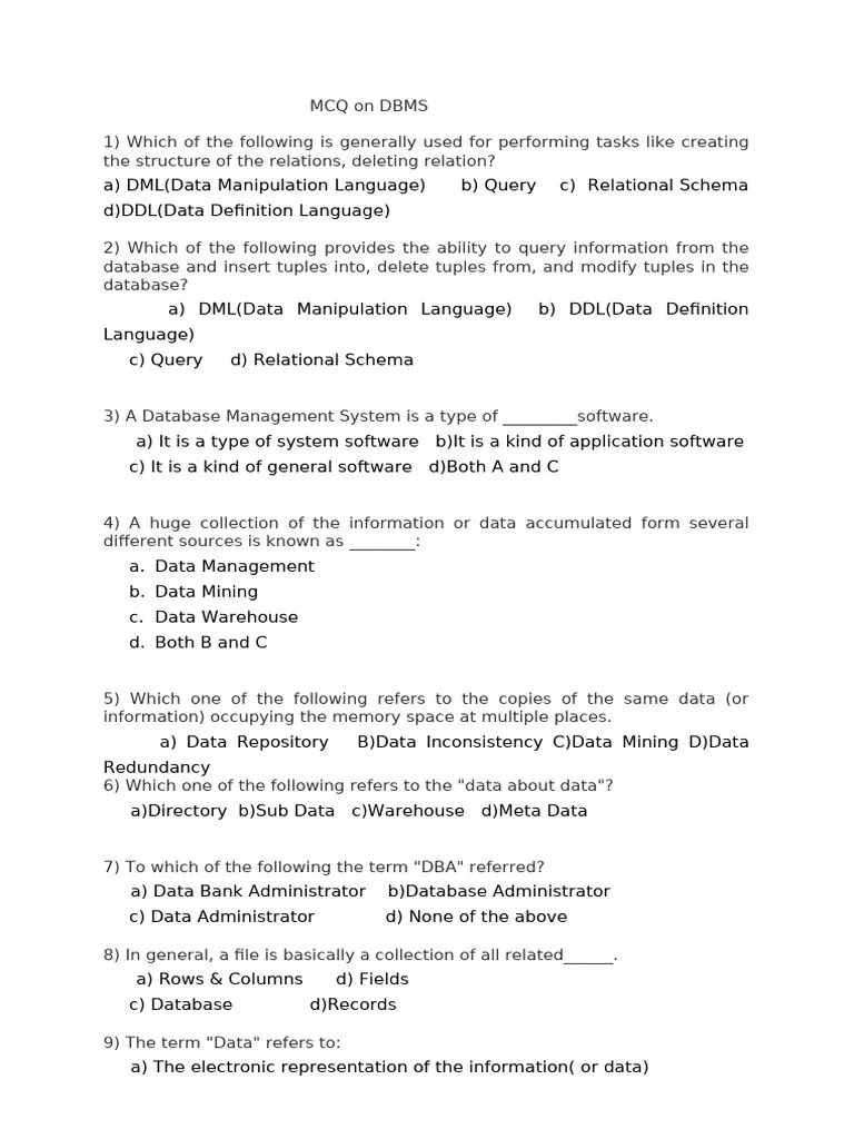 Dbms Mcq | PDF | Sql | Databases