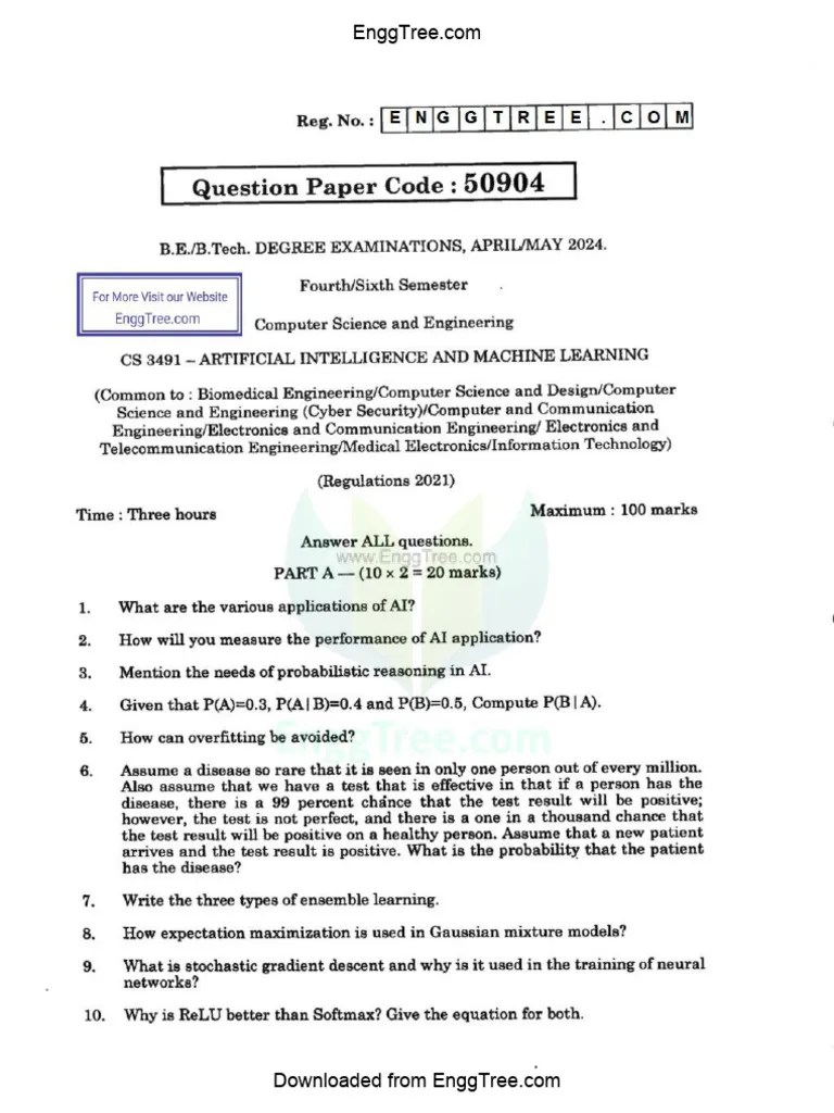 CS3491 Artificial Intelligence And Machine Learning Apr May 2024 Question Paper Download | PDF