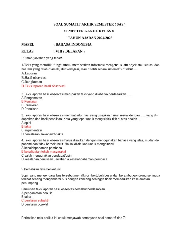 Soal Sumatif Akhir Semester (Sas) Kelas 8 2024 - 2025 | PDF