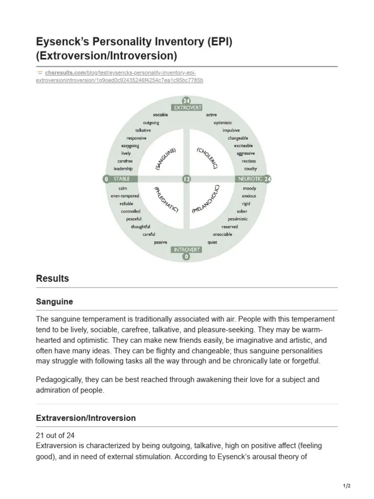 Eysencks Personality Inventory EPI ExtroversionIntroversion | PDF ...