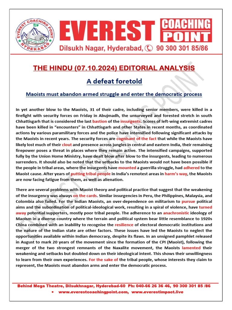 The Hindu (07.10.2024) Editorial Analysis | PDF | Maoism | Insurgency