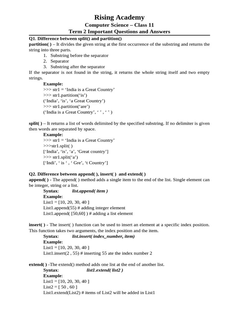 Class 11 Term 2 Important Questions | PDF | String (Computer Science ...