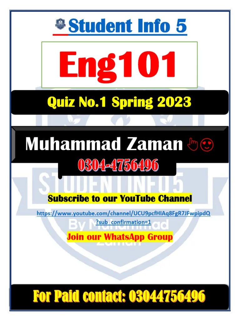 Eng101 Quiz 1 2023 100% Right Solution By Muhammad Zaman | PDF