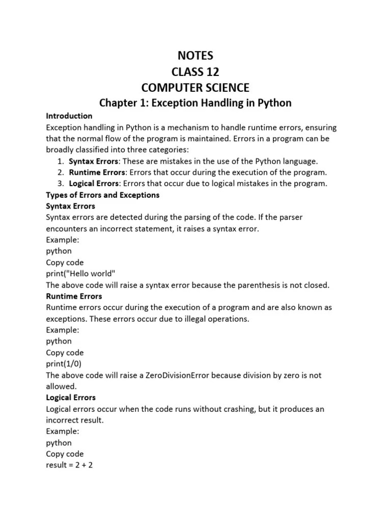 CLASS XII COMPUTER SCIENCE NOTES CHAPTER 1 Chapter 1 Exception Handling ...