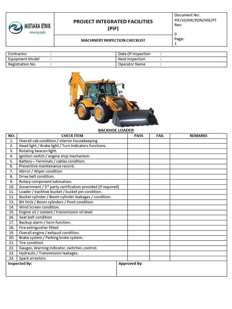 Backhoe Loader Inspection Checklist Pdf