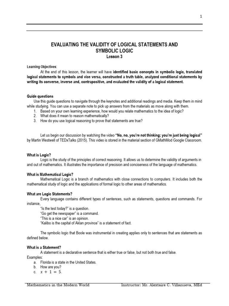 Lecture On Lesson 3 - Symbolic Logic | PDF | Logic | If And Only If