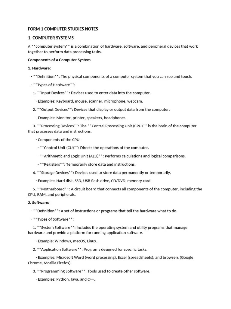 Form 1 Computer Studies Notes | PDF | Computer Hardware | Operating System