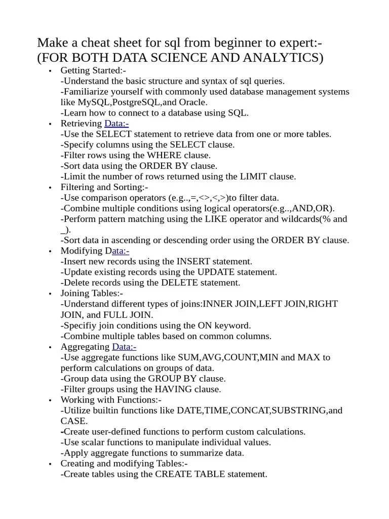 Cheat Sheet For SQL From Beginner To Expert | PDF | Database Index | Databases